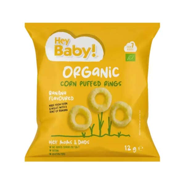 Hey Baby Γαριδάκια Maize Puffed Rings με Γεύση Μπανάνα 12gr για 7+ μηνών