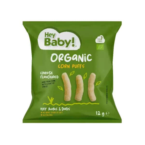 Hey Baby Γαριδάκια Corn Puffs με Γεύση καλαμπόκι & τυρί 12gr για 7+ μηνών